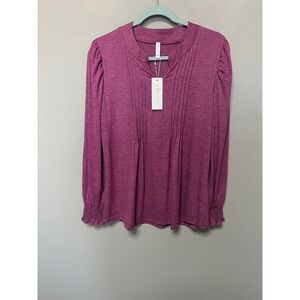 ePretty Women Magenta Ribbed Pleated V Neck Long Sleeve Top Size M